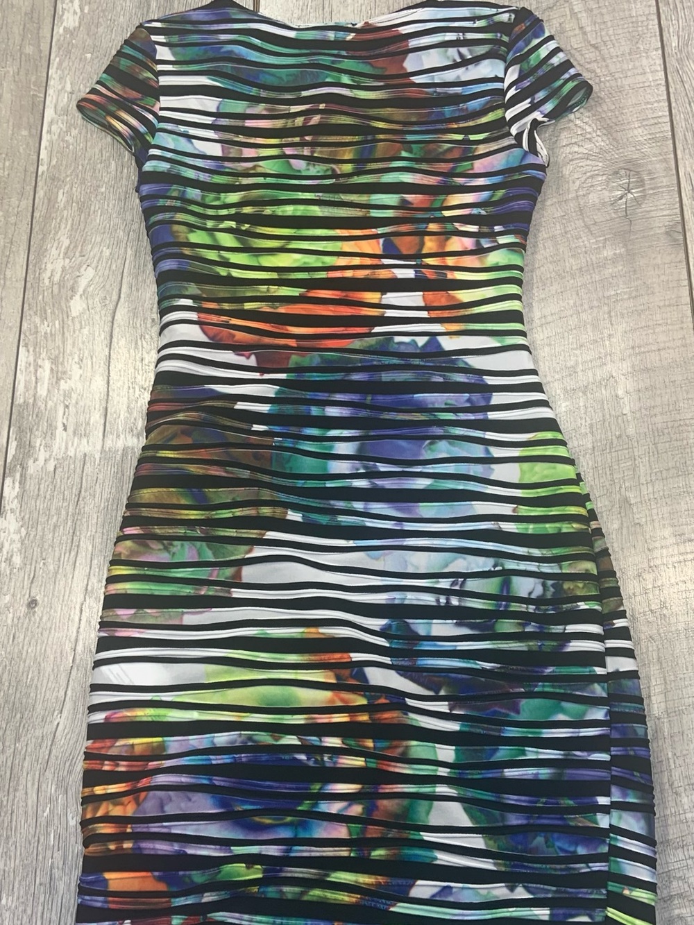Joseph Ribkoff Black White Striped Multicolor Floral Sheath Dress chic summery - Picture 3 of 5